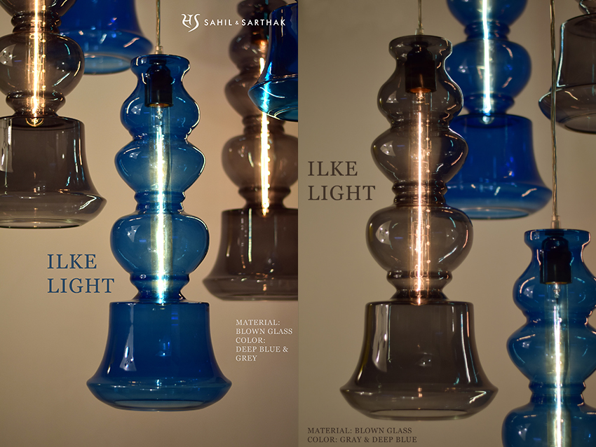 Ilke Lamp in Blue & Grey Blown Glass by Sahil & Sarthak